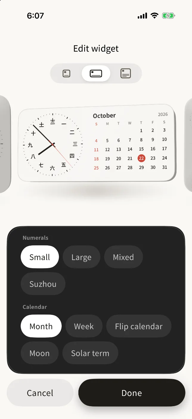 The wide widget: a dial beside a month calendar